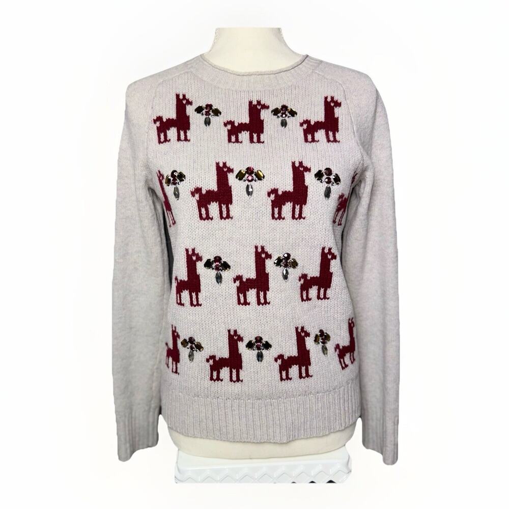 J Crew Womens XS 100 Merino Wool Tan Llama Gem Sparkle Embellished Crew Sweater‎